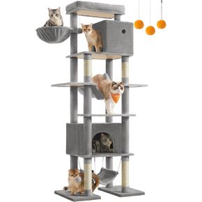 Feandrea Cat Tree, 79.1 Inch Tall Cat Tower for Indoor Cats, Multi-Level Large Cat Condo with 4 Scratching Posts, 2 Hammocks, a Perch, 2 Cat Caves, Anti-Tip Kit, Dark Gray UPCT195G02