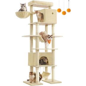 Feandrea Cat Tree, 79.1 Inch Tall Cat Tower for Indoor Cats, Multi-Level Large Cat Condo with 4 Scratching Posts, 2 Hammocks, a Perch, 2 Cat Caves, Anti-Tip Kit, Dark Gray UPCT195G02