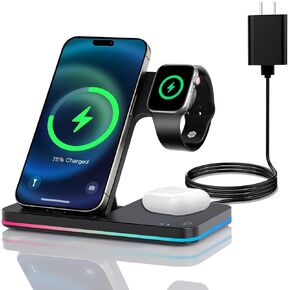 3 in 1 Charging Station Wireless Charger iPhone Fast Magsafe Charger Foldable Charging Stand for Apple Multiple Devices with an 18 W Quick Charger for iPhone 16/15/14/13 Pro Max Apple Watch Airpods