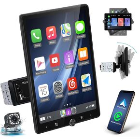 EKAT Single Din Carplay Radio with Wireless Android Auto - 10.4 Inch Rotating Touch Screen Radio with EQ, FM RDS, Mirror Link, Video Output, Steering Wheel Control + Backup Camera