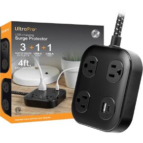 GE-UltraPro 3-Outlet Surge Protector with 4ft Braided Cord, Power Strip, Extension Cord, Flat Plug, 1 USB-A & 1 USB-C Port, 245J, for Home School & Office, White – 81786