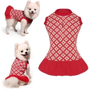 Dog Dress, Dog Red Sweater Dress with Leash Hole, Soft Warm Plaid Pet Clothes Outfit for Small Medium Dogs Girl (Red, XL)
