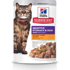Hill's Science Diet Adult Sensitive Stomach & Skin Wet Cat Food Pouches, Chicken & Beef, 2.8 oz., 24-Pack