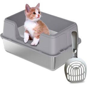 Stainless Steel Cat Litter Box, High Sides Metal Cat Litter Box, Extra Large Litter Box with Lid, Easy Cleaning High Wall Side Covered Litter Box, Stainless Steel Litter Pan with Scoop