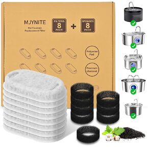 16 Pcs Cat Fountain Replacement Filters Cat Water Fountain Filters for Stainless Steel Cat Fountain Pet Water Fountain,Dog Water Fountain (8 Pack Filters+8 Pack Pre-Filter Sponges)