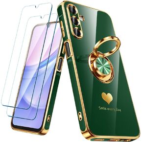 for Samsung Galaxy A15 5G Case with 2 Pack Screen Protector, 360° Rotatable Ring Holder [Luxury Hearts Pattern] Plating Gold Edge Slim Soft Phone Cover Case for Galaxy A15 - Purple