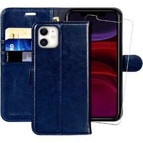 MONASAY Wallet Case Compatible for iPhone 11, 6.1-inch, [Glass Screen Protector Included] [RFID Blocking] Flip Folio Leather Cell Phone Cover with Credit Card Holder, Crimson