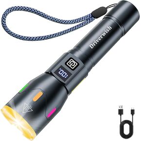 W3 - Flashlight,Rechargeable Flashlights High Lumens with Multicolor Luminous Strip,Small LED Flashlight Powerful,Zoomable,Waterproof,Flashlights for Home,Comping,Emergencies,Gray
