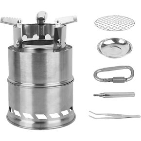 Portable Camping Wood Stove, Stainless Steel Burning Camp Stove for Picnic, BBQ, Hiking, Mini Backpacking Survival Stove with Grill Grid Carry Bag