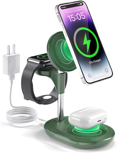 Wireless Charging Station for Multiple Devices Apple, 3 in 1 Wireless Charger Stand Mage-Safe Charger for iPhone 16 15 14 13 12 Pro Max/Plus/Pro Apple Watch AirPods (Mint Green) in Saudi Arabia