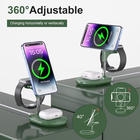 Wireless Charging Station for Multiple Devices Apple, 3 in 1 Wireless Charger Stand Mage-Safe Charger for iPhone 16 15 14 13 12 Pro Max/Plus/Pro Apple Watch AirPods (Mint Green) in Saudi Arabia