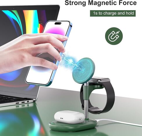 Wireless Charging Station for Multiple Devices Apple, 3 in 1 Wireless Charger Stand Mage-Safe Charger for iPhone 16 15 14 13 12 Pro Max/Plus/Pro Apple Watch AirPods (Mint Green) in Saudi Arabia