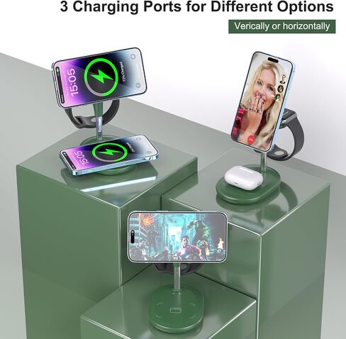 Wireless Charging Station for Multiple Devices Apple, 3 in 1 Wireless Charger Stand Mage-Safe Charger for iPhone 16 15 14 13 12 Pro Max/Plus/Pro Apple Watch AirPods (Mint Green) in Saudi Arabia