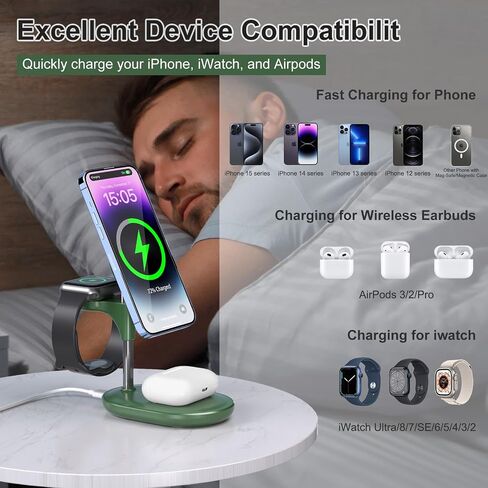 Wireless Charging Station for Multiple Devices Apple, 3 in 1 Wireless Charger Stand Mage-Safe Charger for iPhone 16 15 14 13 12 Pro Max/Plus/Pro Apple Watch AirPods (Mint Green) in Saudi Arabia