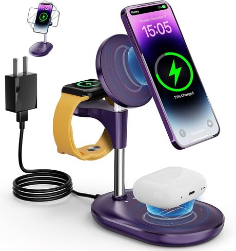 محطة شحن لاسلكية لأجهزة متعددة Apple، 3 في 1 شاحن لاسلكي حامل Mage-Safe لشحن iPhone 16 15 14 13 12 Pro Max/Plus/Pro Apple Watch AirPods (أخضر نعناعي) in Kuwait