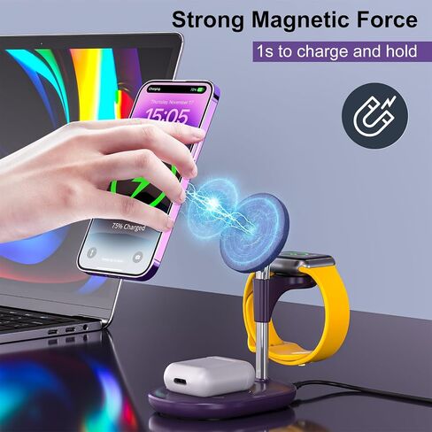 محطة شحن لاسلكية لأجهزة متعددة Apple، 3 في 1 شاحن لاسلكي حامل Mage-Safe لشحن iPhone 16 15 14 13 12 Pro Max/Plus/Pro Apple Watch AirPods (أخضر نعناعي) in Kuwait
