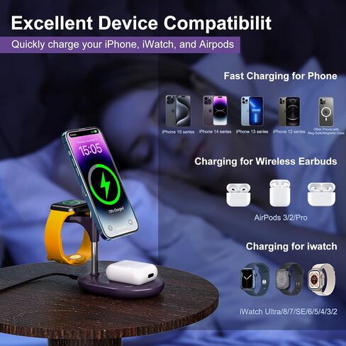 محطة شحن لاسلكية لأجهزة متعددة Apple، 3 في 1 شاحن لاسلكي حامل Mage-Safe لشحن iPhone 16 15 14 13 12 Pro Max/Plus/Pro Apple Watch AirPods (أخضر نعناعي) in Kuwait