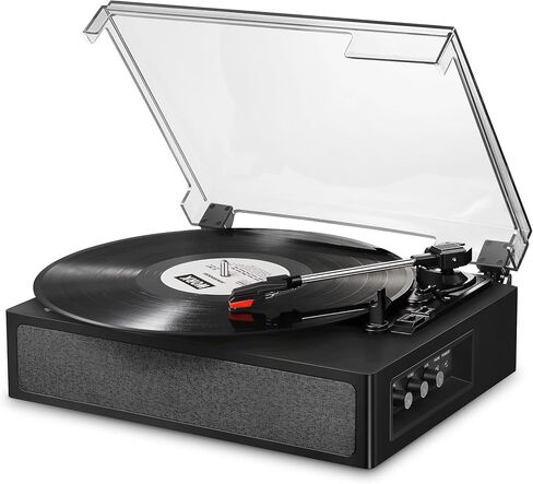 مشغل تسجيل فينيل دونر، قرص دوار بلوتوث لسجلات الفينيل مع مكبرات صوت مدمجة، 3 سرعات، تحكم ثلاثي وباس، فونوغراف عتيق يعمل بالحزام للترفيه والديكور المنزلي، أسود in Kuwait