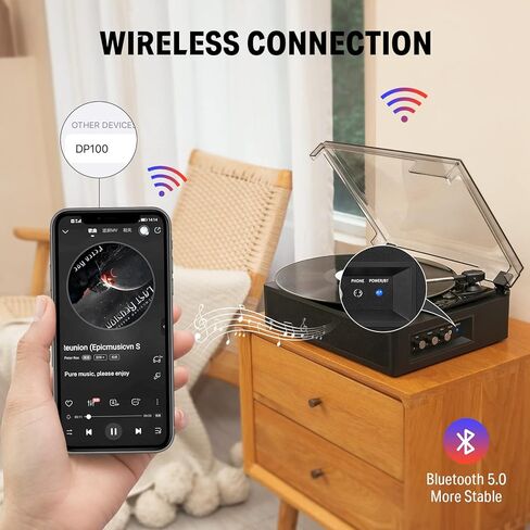 مشغل تسجيل فينيل دونر، قرص دوار بلوتوث لسجلات الفينيل مع مكبرات صوت مدمجة، 3 سرعات، تحكم ثلاثي وباس، فونوغراف عتيق يعمل بالحزام للترفيه والديكور المنزلي، أسود in Kuwait