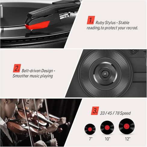 مشغل تسجيل فينيل دونر، قرص دوار بلوتوث لسجلات الفينيل مع مكبرات صوت مدمجة، 3 سرعات، تحكم ثلاثي وباس، فونوغراف عتيق يعمل بالحزام للترفيه والديكور المنزلي، أسود in Kuwait