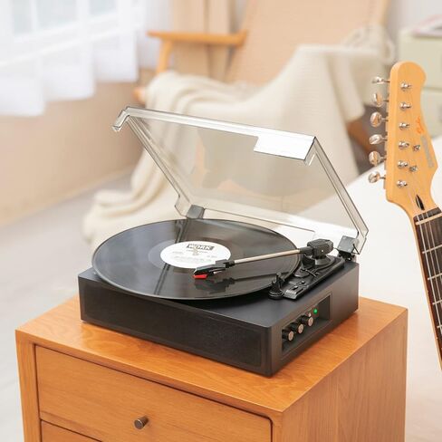 مشغل تسجيل فينيل دونر، قرص دوار بلوتوث لسجلات الفينيل مع مكبرات صوت مدمجة، 3 سرعات، تحكم ثلاثي وباس، فونوغراف عتيق يعمل بالحزام للترفيه والديكور المنزلي، أسود in Kuwait