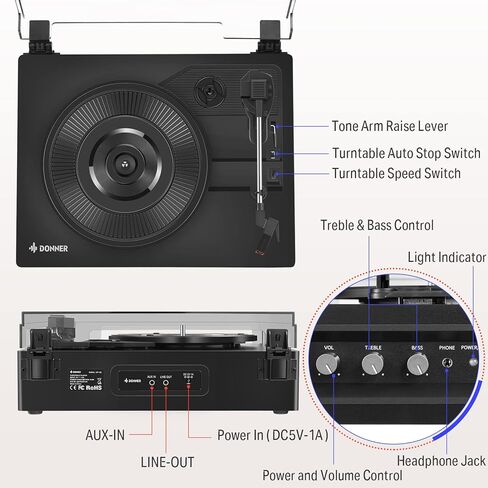 مشغل تسجيل فينيل دونر، قرص دوار بلوتوث لسجلات الفينيل مع مكبرات صوت مدمجة، 3 سرعات، تحكم ثلاثي وباس، فونوغراف عتيق يعمل بالحزام للترفيه والديكور المنزلي، أسود in Kuwait