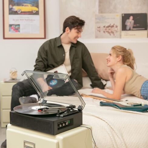 مشغل تسجيل فينيل دونر، قرص دوار بلوتوث لسجلات الفينيل مع مكبرات صوت مدمجة، 3 سرعات، تحكم ثلاثي وباس، فونوغراف عتيق يعمل بالحزام للترفيه والديكور المنزلي، أسود in Kuwait