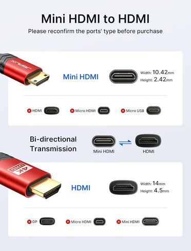 JSAUX Mini HDMI to HDMI Cable 6FT, [Mini HDMI][Aluminum Shell, Braided] High Speed 4K 60Hz HDMI 2.0 Cord, Compatible with Camera, Camcorder, Tablet and Graphics/Video Card, Laptop, Raspberry Pi Zero W in Kuwait