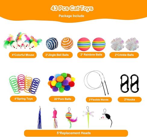43PCS Cat Toys, Interactive Cat Kitten Toys for Indoor Automatic Cat Toys Cat Feather Teaser Wand Toys Include Cat Springs, Mice, Balls and Bells Toys, Cat Wand Toys for Cat Kitten in Saudi Arabia