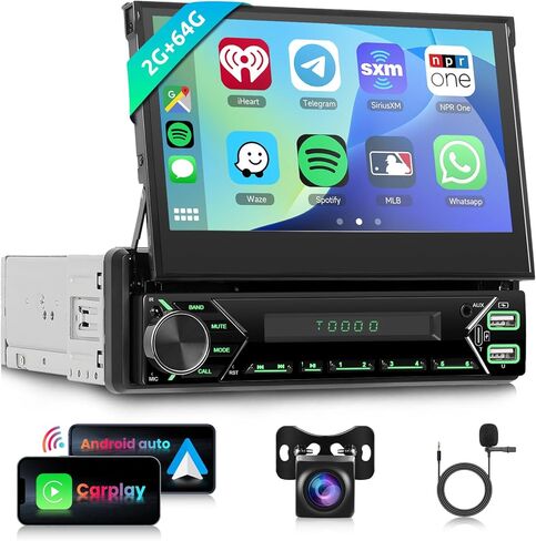 2G+64G Android Single din Flip Out Car Stereo Wireless Carplay & Android Auto, Hodozzy 7 inch Retractable Touch Screen Radio with Bluetooth, GPS, Mirror Link,Wi-Fi, USB/AUX EQ/RDS/FM Radio in Saudi Arabia