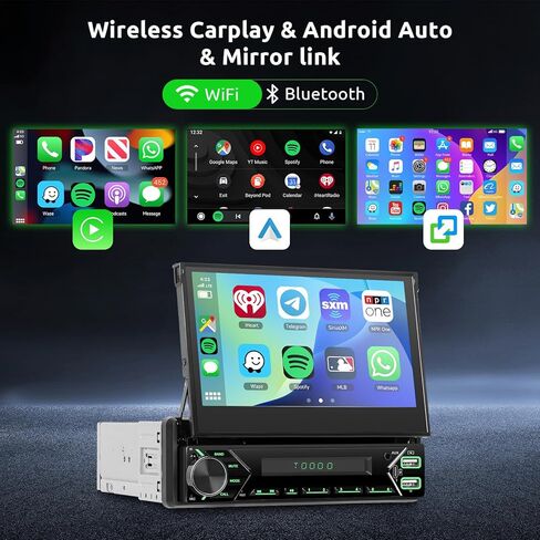 2G+64G Android Single din Flip Out Car Stereo Wireless Carplay & Android Auto, Hodozzy 7 inch Retractable Touch Screen Radio with Bluetooth, GPS, Mirror Link,Wi-Fi, USB/AUX EQ/RDS/FM Radio in Saudi Arabia