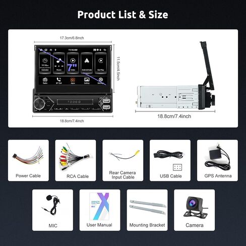 2G+64G Android Single din Flip Out Car Stereo Wireless Carplay & Android Auto, Hodozzy 7 inch Retractable Touch Screen Radio with Bluetooth, GPS, Mirror Link,Wi-Fi, USB/AUX EQ/RDS/FM Radio in Saudi Arabia