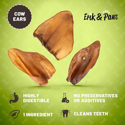 Erik & Paws Smoked Cow Ears for Dogs - Premium All-Natural, Unbleached 100% Cow Ears, No Additives or Hormones, Smoked in The USA, Safe Rawhide Alternative, Gentle on Tummies - 18 Count in Saudi Arabia