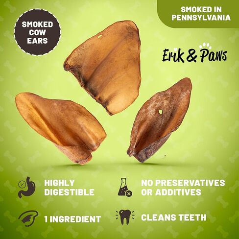 أذن بقرة للكلاب من Erik & Paws - طبيعية بالكامل، غير مبيضة 100%، بدون إضافات أو هرمونات، بديل آمن للجلد الخام، لطيف على البطن - 18 قطعة in Saudi Arabia