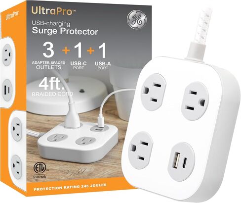 GE-UltraPro 3-Outlet Surge Protector with 4ft Braided Cord, Power Strip, Extension Cord, Flat Plug, 1 USB-A & 1 USB-C Port, 245J, for Home School & Office, White – 81786 in Saudi Arabia