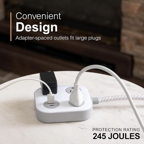 GE-UltraPro 3-Outlet Surge Protector with 4ft Braided Cord, Power Strip, Extension Cord, Flat Plug, 1 USB-A & 1 USB-C Port, 245J, for Home School & Office, White – 81786 in Saudi Arabia