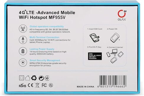 Olax Hotspot 4g LTE Advance Mobile WiFi Hotspot MF955V, USB up to 10 Hours of Operation in Kuwait