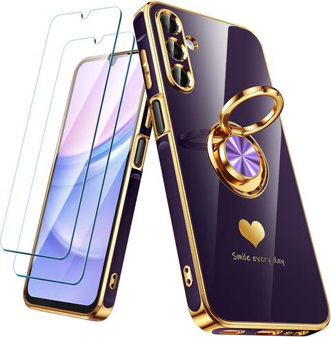 for Samsung Galaxy A15 5G Case with 2 Pack Screen Protector, 360° Rotatable Ring Holder [Luxury Hearts Pattern] Plating Gold Edge Slim Soft Phone Cover Case for Galaxy A15 - Purple in Kuwait