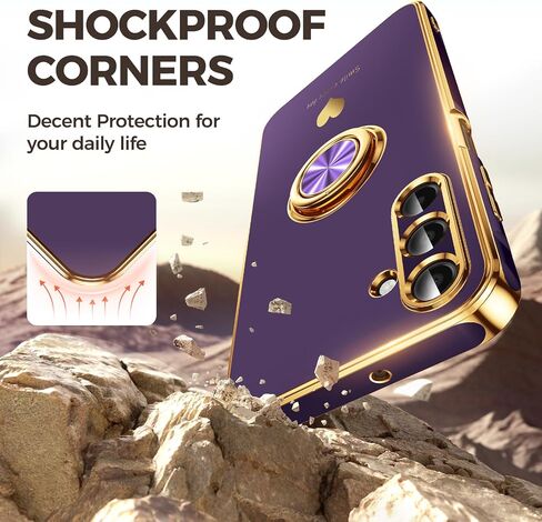 for Samsung Galaxy A15 5G Case with 2 Pack Screen Protector, 360° Rotatable Ring Holder [Luxury Hearts Pattern] Plating Gold Edge Slim Soft Phone Cover Case for Galaxy A15 - Purple in Kuwait