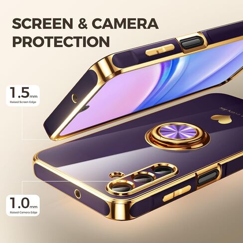 for Samsung Galaxy A15 5G Case with 2 Pack Screen Protector, 360° Rotatable Ring Holder [Luxury Hearts Pattern] Plating Gold Edge Slim Soft Phone Cover Case for Galaxy A15 - Purple in Kuwait
