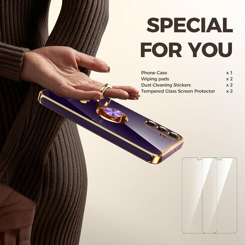 for Samsung Galaxy A15 5G Case with 2 Pack Screen Protector, 360° Rotatable Ring Holder [Luxury Hearts Pattern] Plating Gold Edge Slim Soft Phone Cover Case for Galaxy A15 - Purple in Kuwait