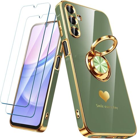 for Samsung Galaxy A15 5G Case with 2 Pack Screen Protector, 360° Rotatable Ring Holder [Luxury Hearts Pattern] Plating Gold Edge Slim Soft Phone Cover Case for Galaxy A15 - Purple in Kuwait