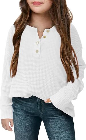 rrhss Girls Waffle Knit Sweaters Trendy Henley Button V Neck Long Sleeve Pullover Jumper Tops in Kuwait