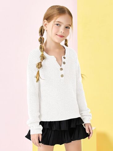 rrhss Girls Waffle Knit Sweaters Trendy Henley Button V Neck Long Sleeve Pullover Jumper Tops in Kuwait