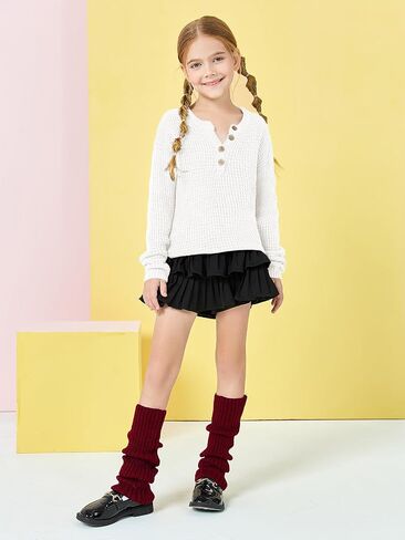 rrhss Girls Waffle Knit Sweaters Trendy Henley Button V Neck Long Sleeve Pullover Jumper Tops in Kuwait