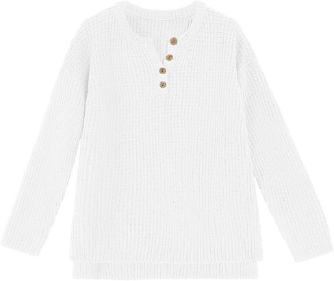 rrhss Girls Waffle Knit Sweaters Trendy Henley Button V Neck Long Sleeve Pullover Jumper Tops in Kuwait