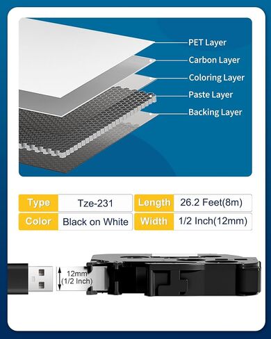 Label Maker Tape Replacement for Brother, TZe-231 P Touch Label Tape 12mm 0.47 Inch, Labeling Tapes Black on White Tape Refills TZ-231 Compatible with Brother PT-D210 D220 H103w H110 D410, 5 Pack in Saudi Arabia
