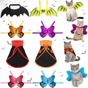 8 Pieces Halloween Pet Costume Set Includes 4 Colorful Cat Dog Butterfly Wings 1 Bat Wings 1 Dinosaur Wings 1 Vampire Cloak 1 Pumpkin Cape for Halloween Party Decoration Cosplay Dress up Accessories
