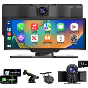 10.26 inch Wireless CarPlay Touchscreen for Car: 4K Dash Cam Car Play Screen with Carplay & Android Auto Portable Car Stereo 1080p Backup Camera Auto Brightness GPS Navigation Bluetooth Mirror Link
