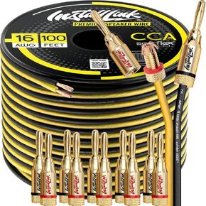 Install Link Banana Plugs for Speaker Wire (16 AWG Gauge) - 100 Feet (CCA) with 12 Banana Plugs